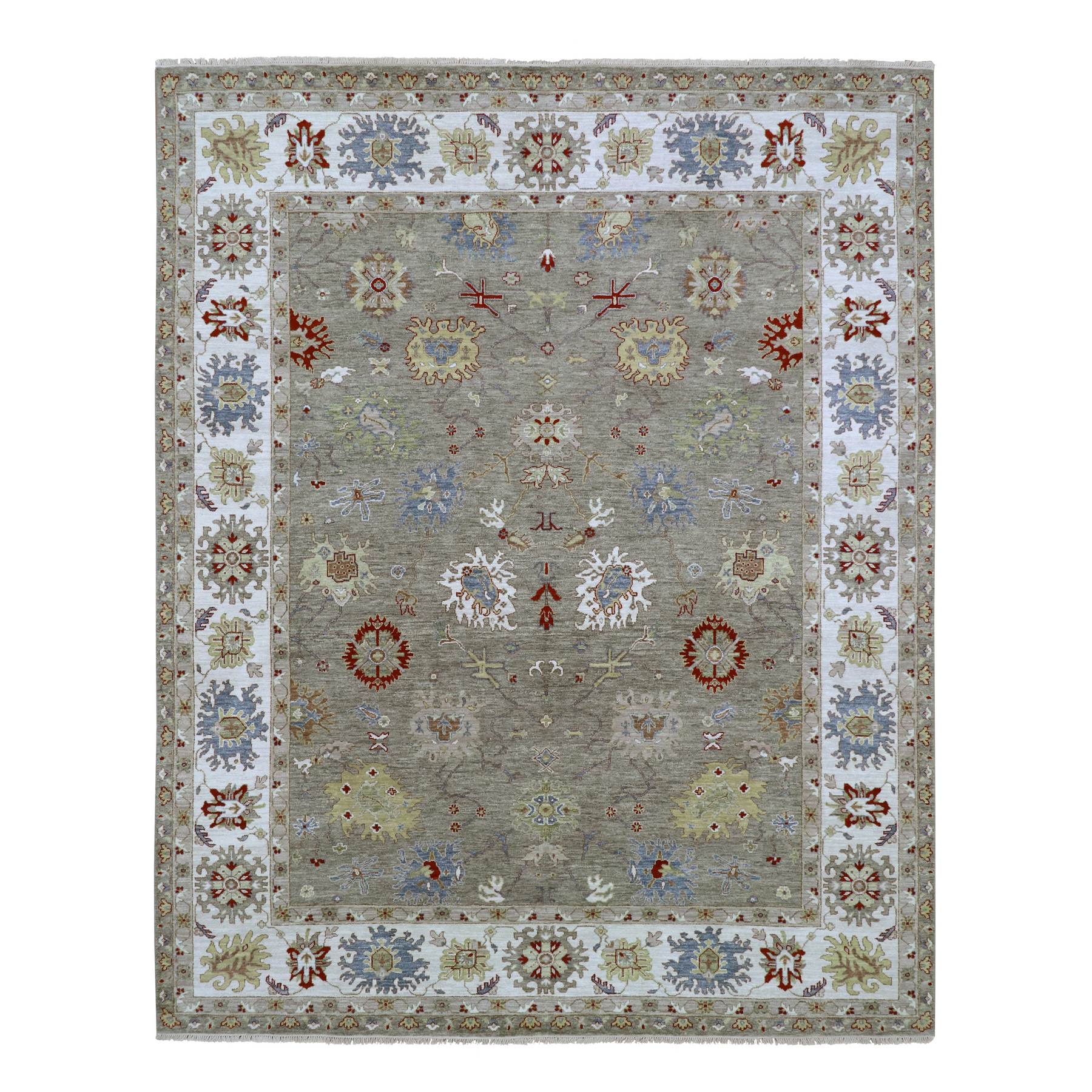 Stone Gray, Agra with Ziegler Design, Leaf Motifs, Hand Knotted, 100% Wool, Veggie Dyes, Oriental Rug